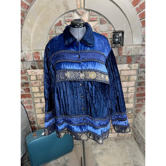Quilted coat velour elegant blue gold - Picture 1 of 12